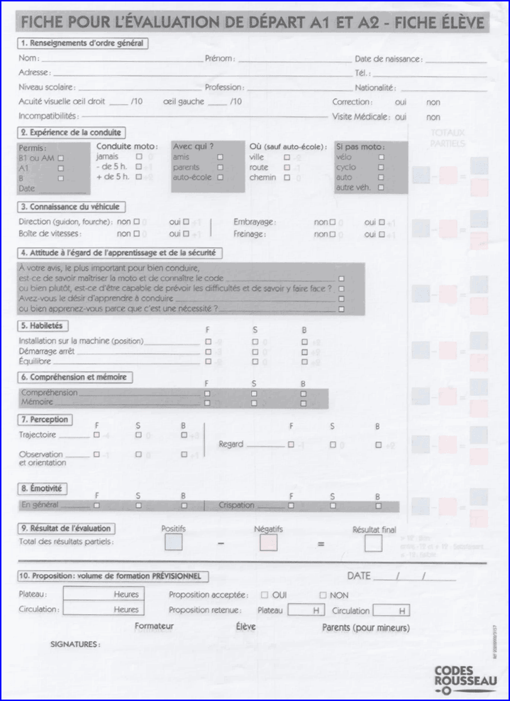 Fiche d'évaluation de départ pour la moto