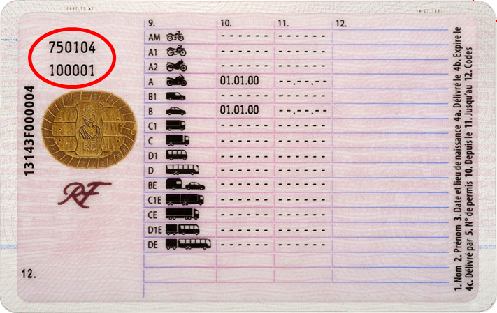 Numéro NEPH sur verso spécimen de permis de conduire format CB