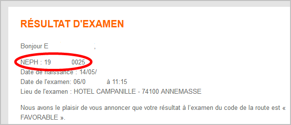 Numéro NEPH sur verso spécimen de mail de reussite au code